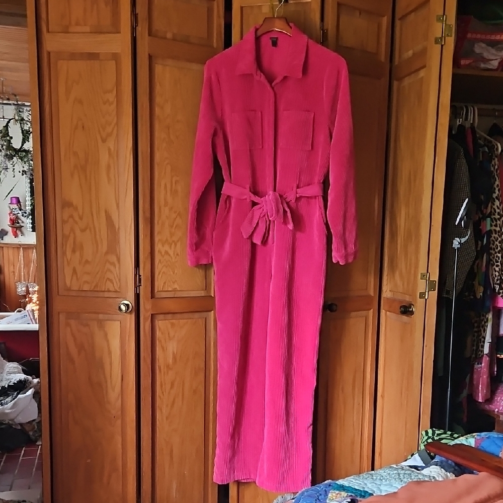 Pink Corduroy Long-Sleeve Belted Jumpsuit